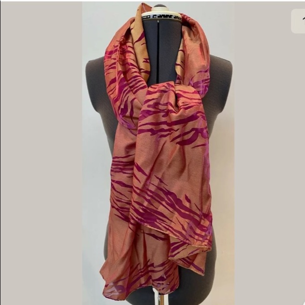 VINTAGE 1980s KOREAN SILKY ORGANZA LONG SCARF WRAP MAGENTA PURPLE GOLD ABSTRACT